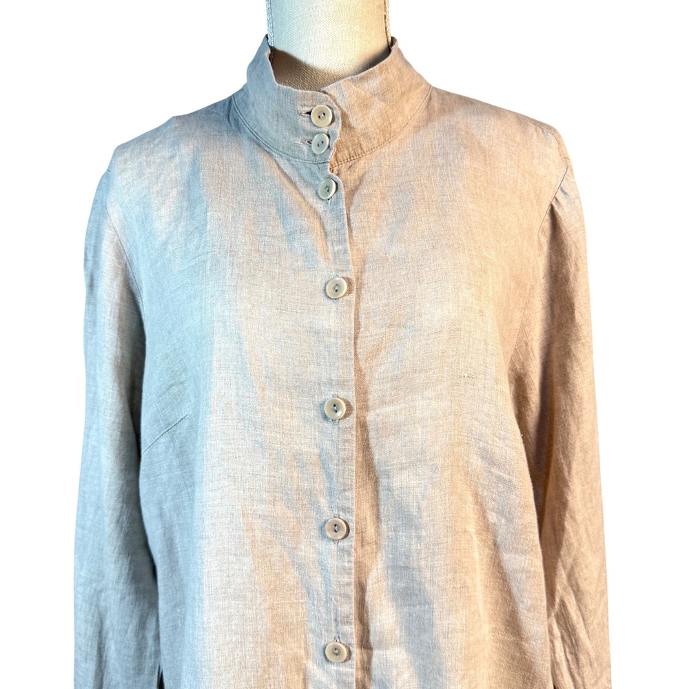 FLAX‎ Womens Medium 100% Linen Mandarin Collar Button Down Tunic Shirt Beige - Picture 4 of 11